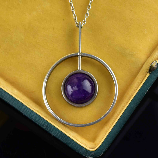 Vintage Modernist Silver Amethyst Cabochon Target Pendant Necklace - Boylerpf