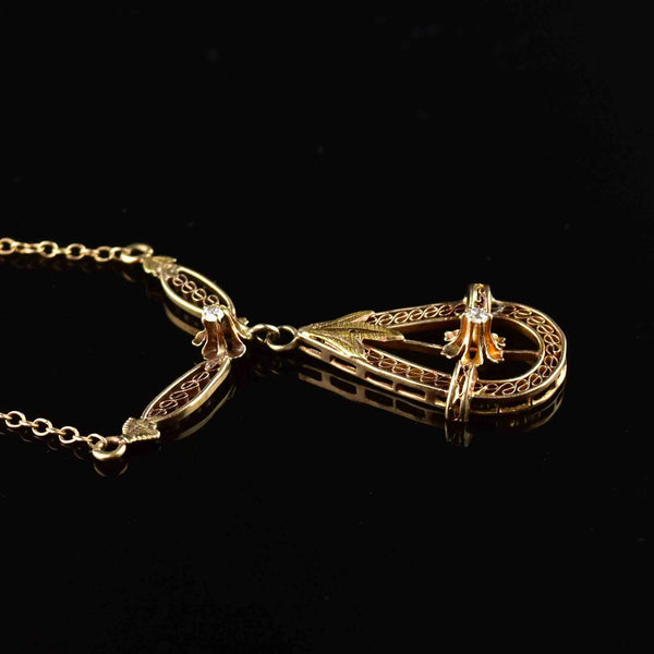 Antique Buttercup Diamond 10K Gold Filigree Necklace - Boylerpf