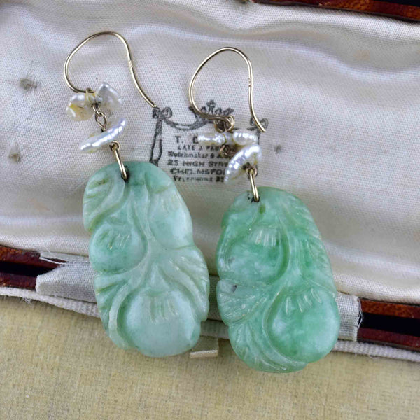 Vintage Carved Jade Baroque Pearl Drop Earrings - Boylerpf