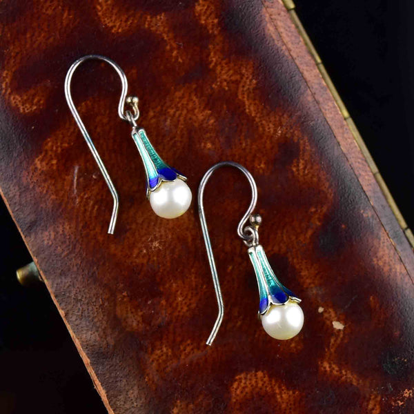 Vintage Silver Guilloche Enamel Pearl Snowdrop Earrings - Boylerpf