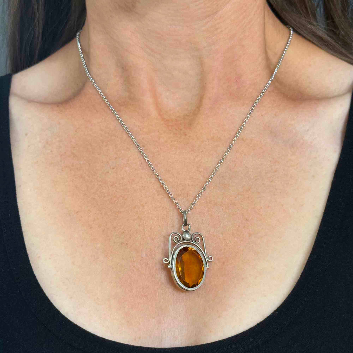 Antique Edwardian Silver Citrine Spinner Fob Pendant Necklace