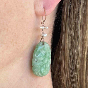 Vintage Carved Jade Baroque Pearl Drop Earrings - Boylerpf