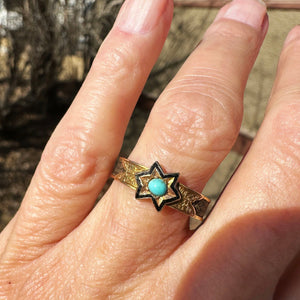 Antique Victorian 14K Gold Turquoise Star Ring Band, Mourning Jewelry - Boylerpf