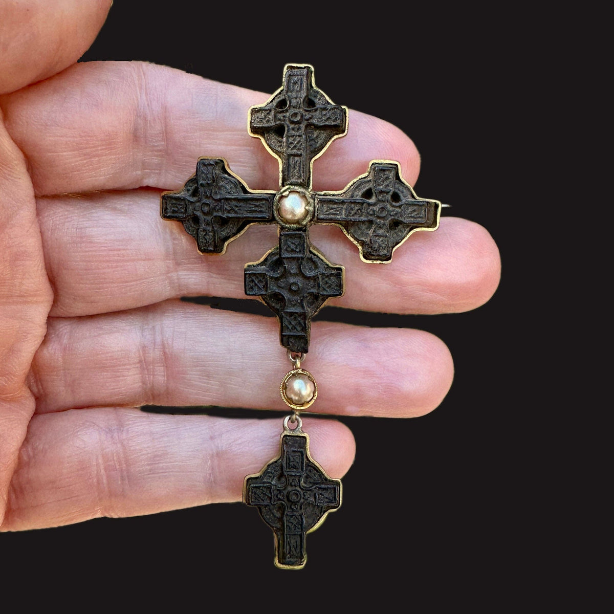 ON HOLD Antique Carved Irish Bog Oak & Pearl Celtic Cross Brooch