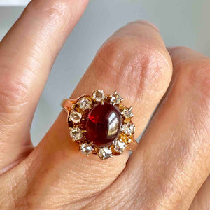 Antique Rose Cut Diamond Halo Garnet Cabochon Ring - Boylerpf