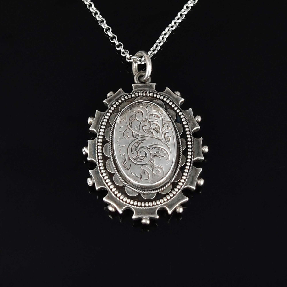 Antique Victorian Engraved Leaf Sterling Silver Locket Necklace