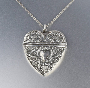 Art Nouveau Style Large Silver Repousse Heart Locket Necklace - Boylerpf