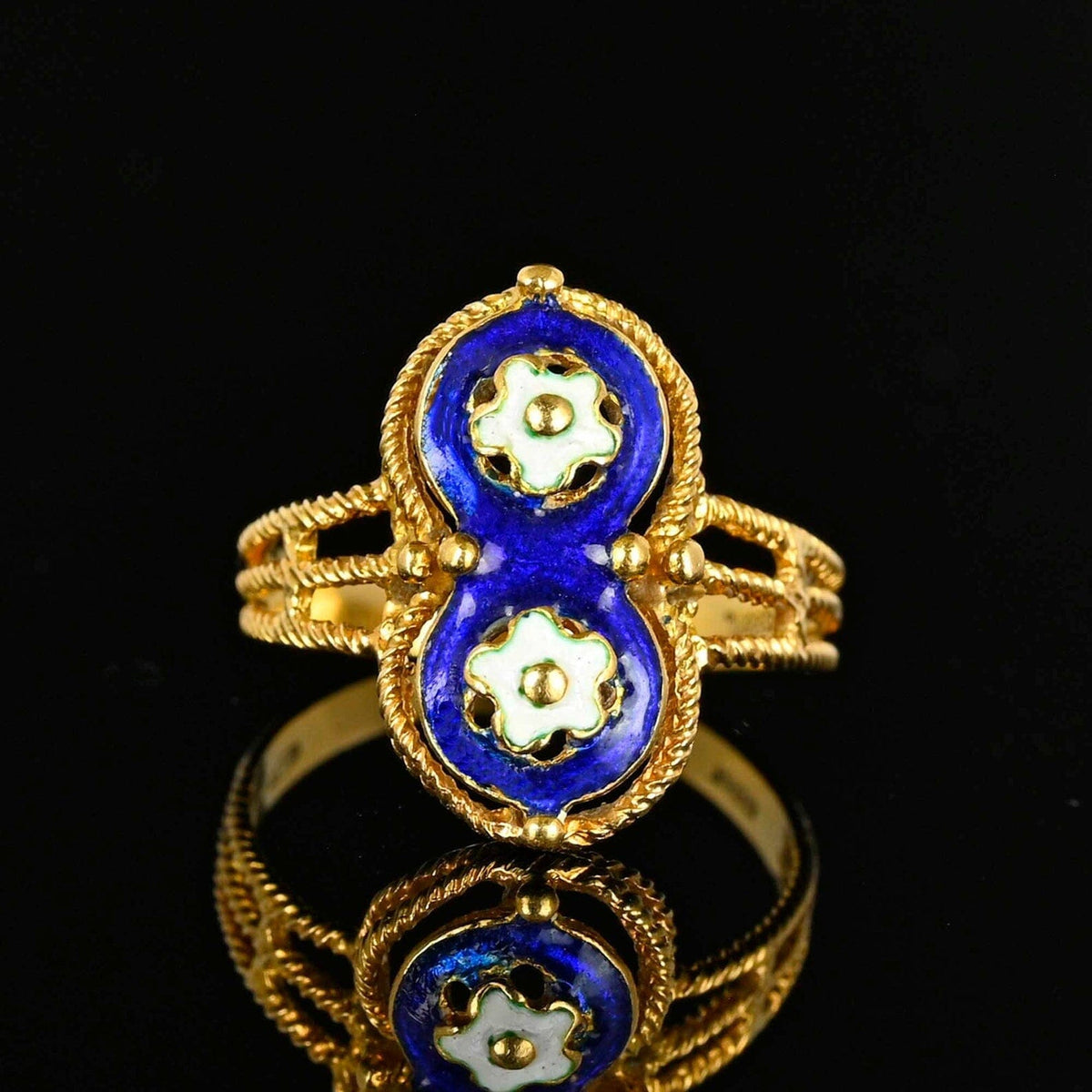 Fine 18K Gold Blue Guilloche Enamel Floral Ring – Boylerpf display picture 3