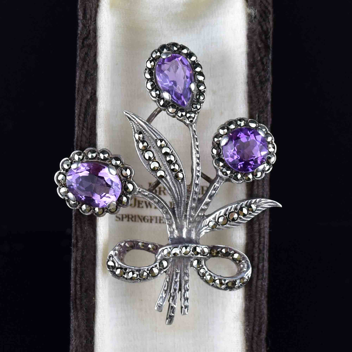 2024 Art Deco Sterling Silver and Amethyst Brooch with Marcasites - 2 1/16