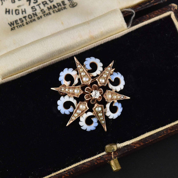 Antique Enamel Pearl Star Brooch Pendant 14K Gold - Boylerpf