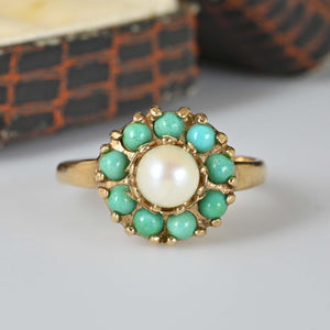 Vintage Turquoise Halo Pearl Cluster Ring - Boylerpf
