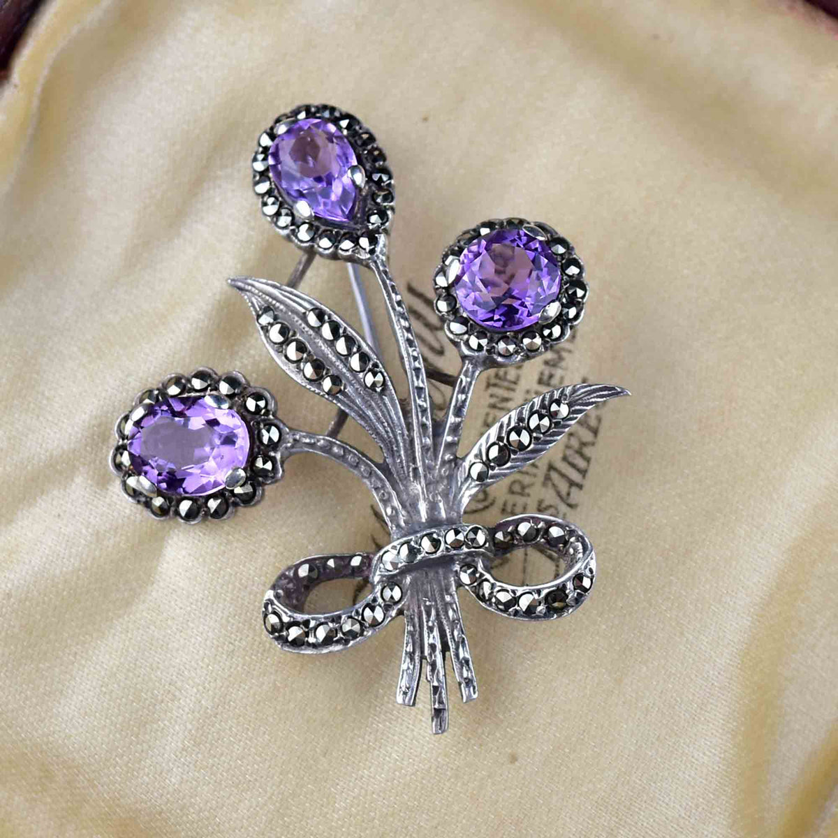 2024 Art Deco Sterling Silver and Amethyst Brooch with Marcasites - 2 1/16