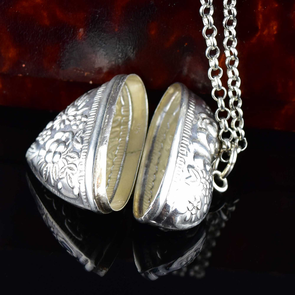 Victorian Floral Design Repousse Heart Locket Sterling Silver Pendant Prayer Box - Pill Box on shops 20