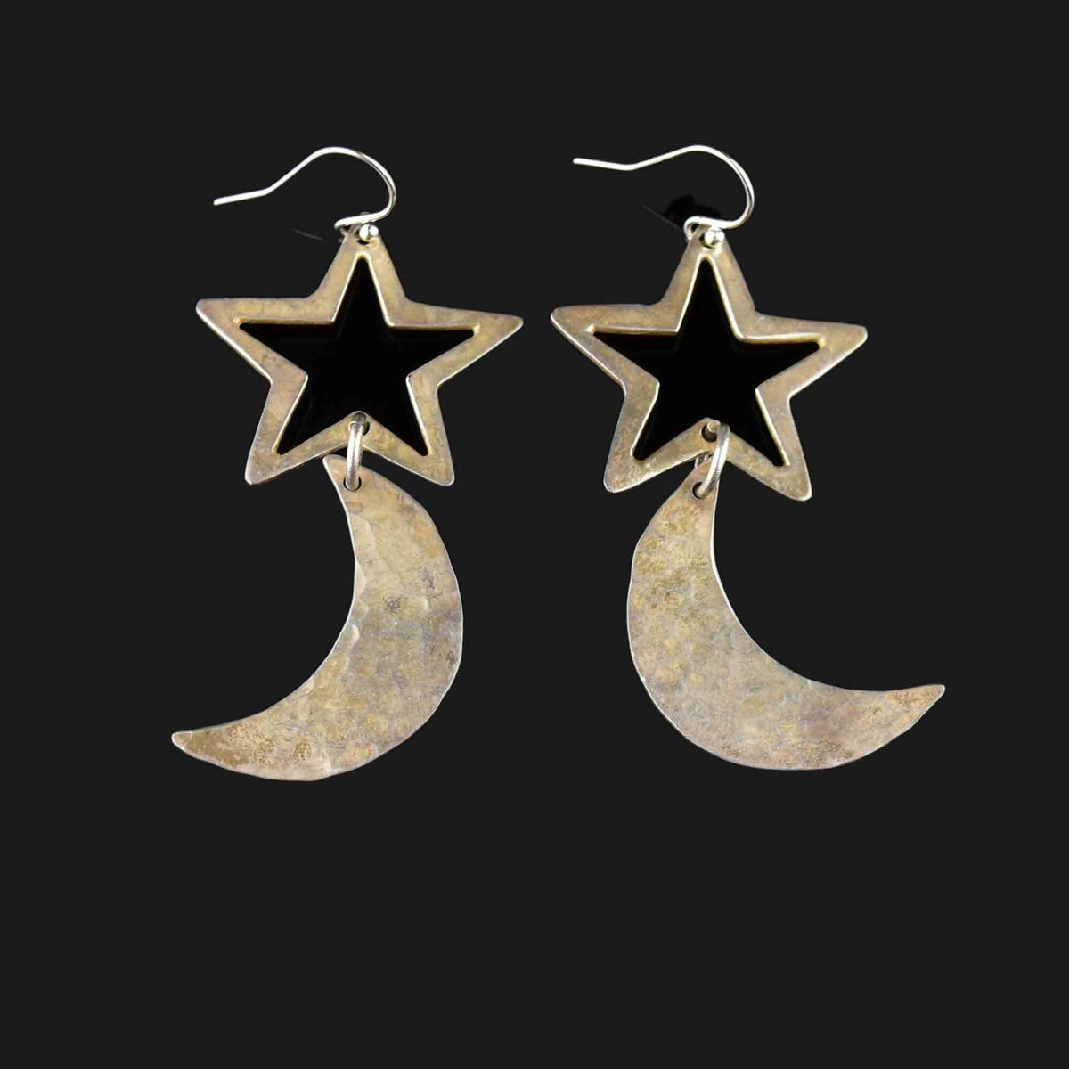 Crescent Moon Earrings - Moon hot Stars - Silver Moon Earrings - Night Sky - Celestial - Brass Rivet -