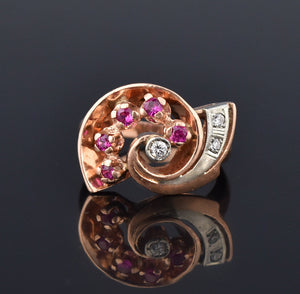 Retro 14K Rose Gold Diamond Ruby Ring, Nautilus Shell - Boylerpf