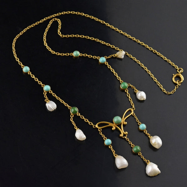 Art Nouveau 14K Gold Turquoise Natural Pearl Necklace - Boylerpf
