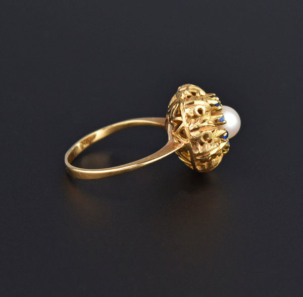 French 18K Gold Sapphire Halo Pearl Ring - Boylerpf