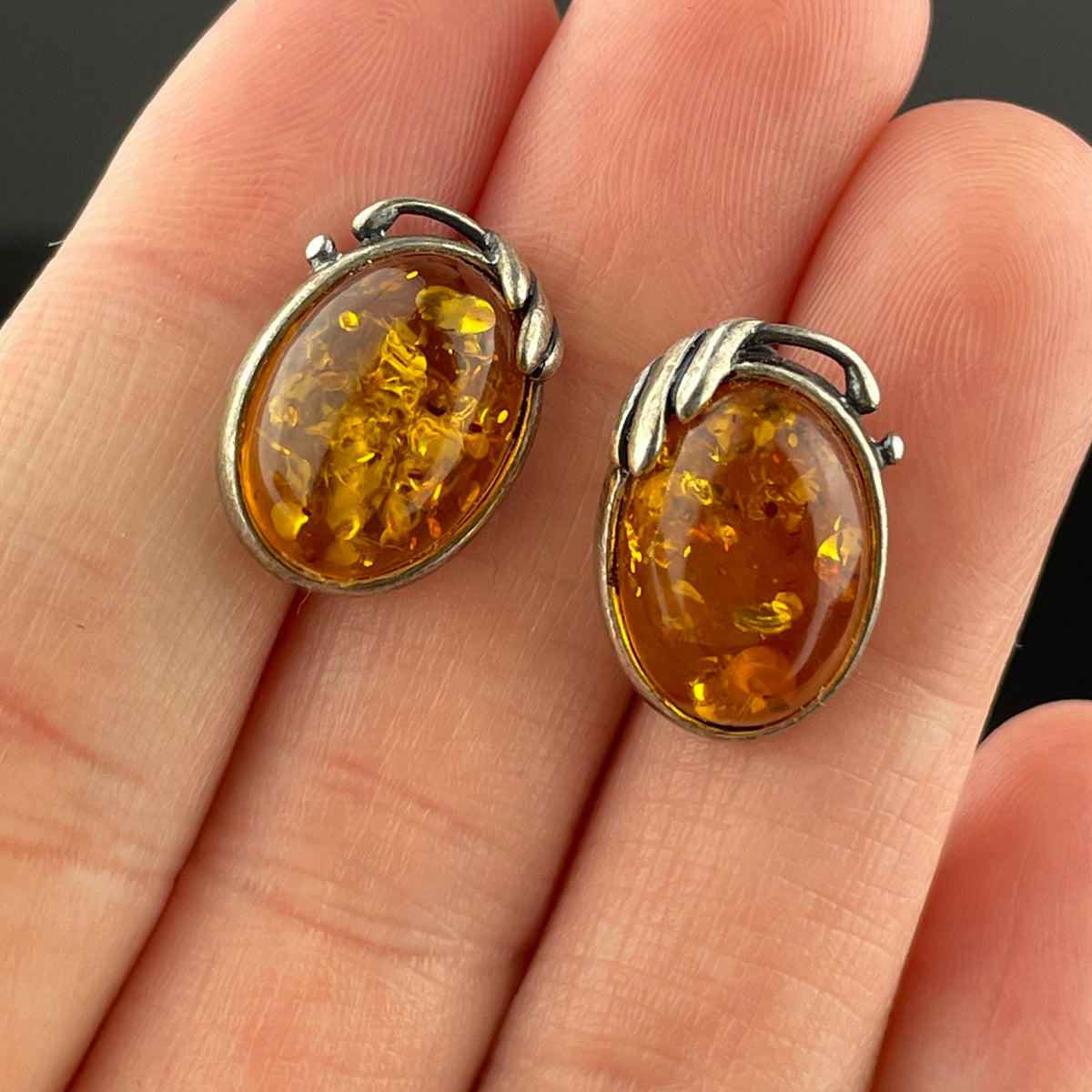 Earrings Amber Cabochon Engraving Flower Silver 925, on sale Amber Earrings