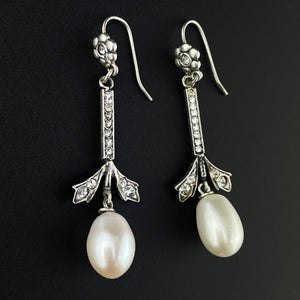 Vintage Sterling Silver Flower Pearl Marcasite Dangle Earrings - Boylerpf