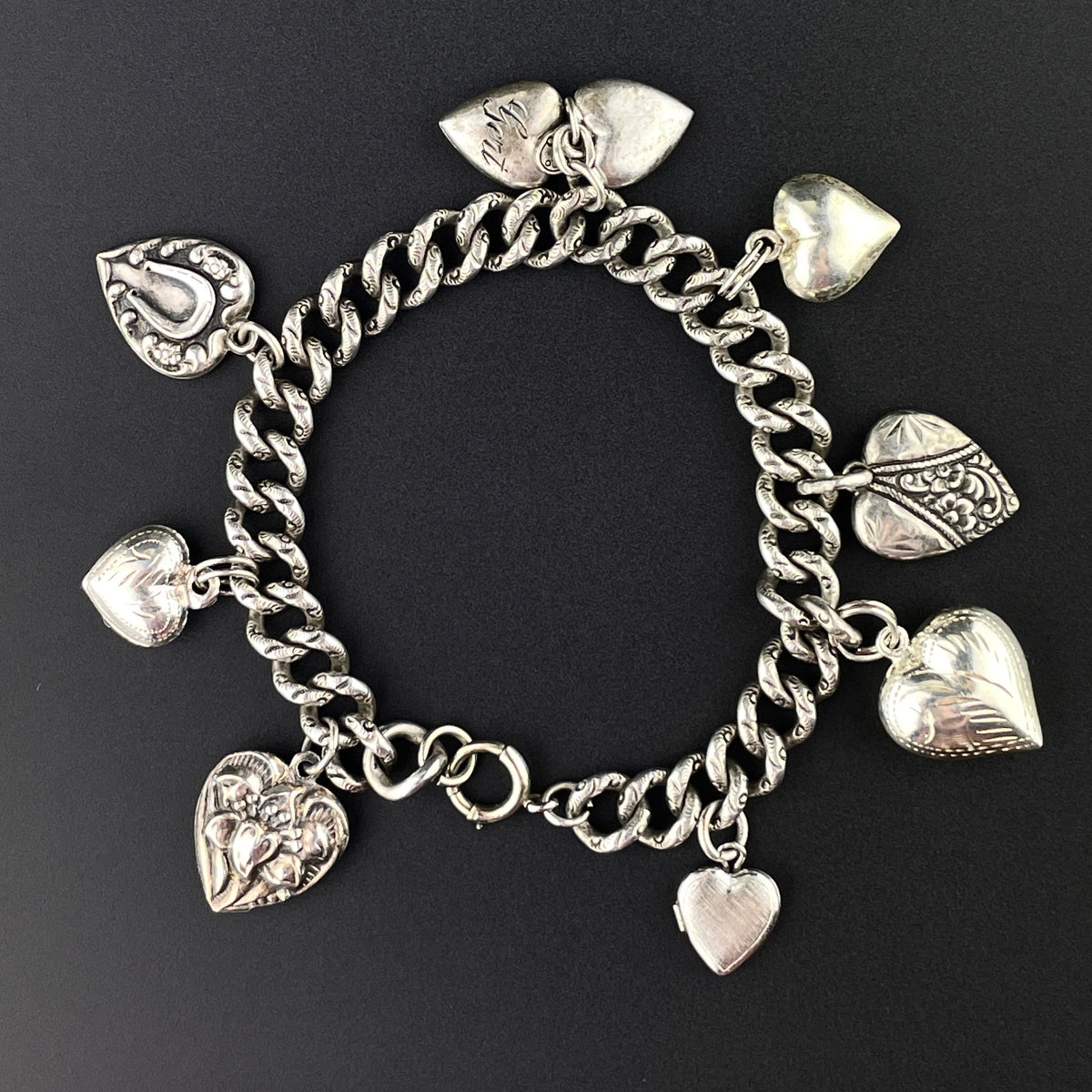 Antique sterling Victorian puffy heart ball hot bracelet