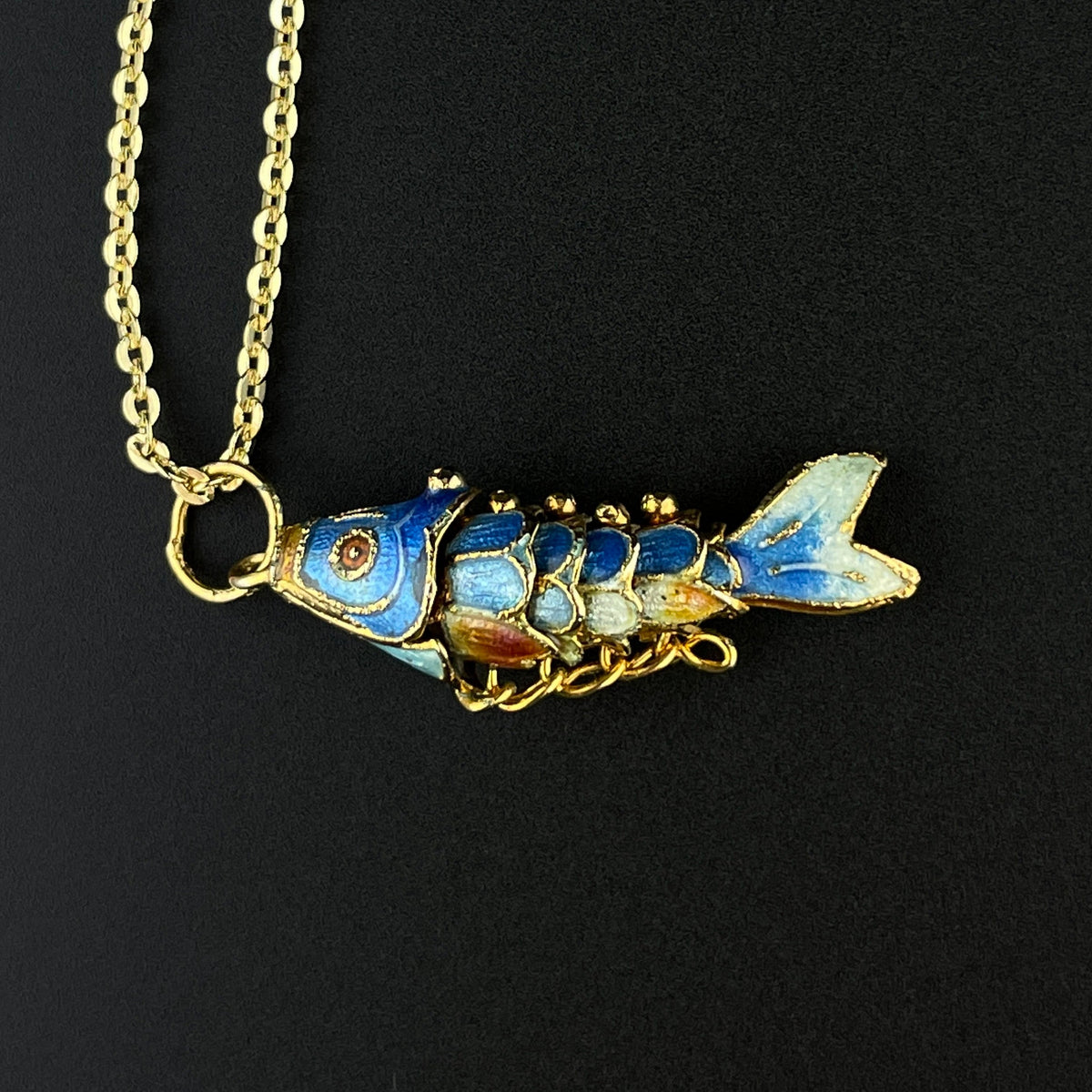 Vintage Articulated Chinese Silver online Two Tone Blue Enamel Movable Fish Pendant