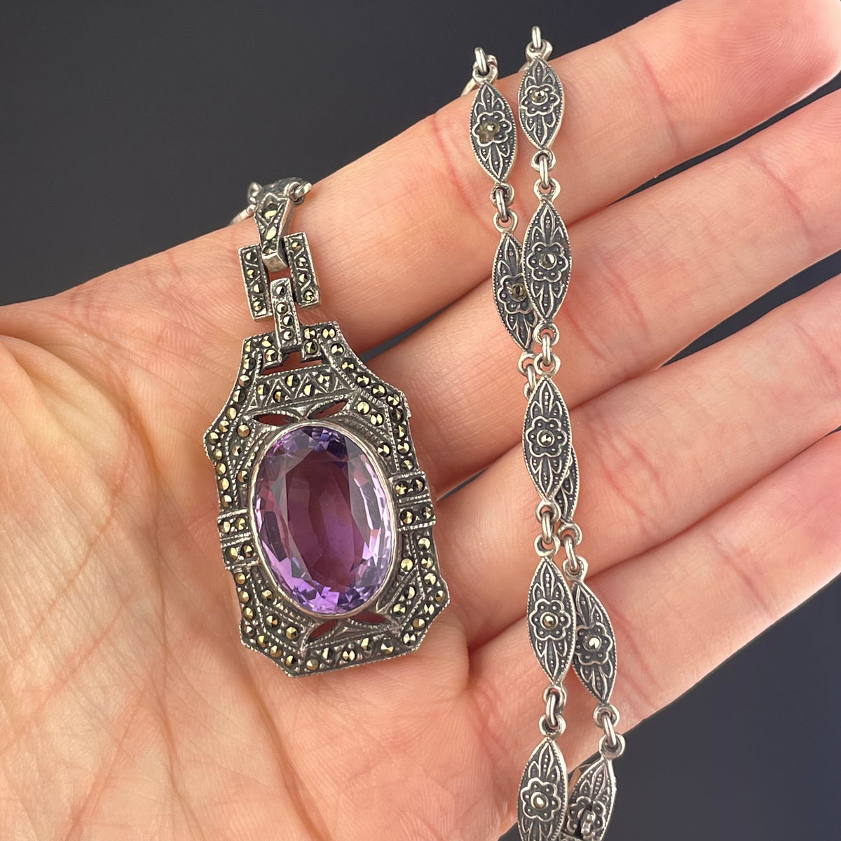 Vintage offers sterling silver art deco marcasite & oval-cut amethyst pendant