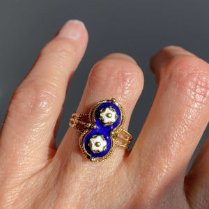 Fine 18K Gold Blue Guilloche Enamel Floral Ring - Boylerpf