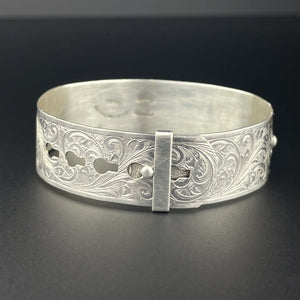 Vintage Sterling Silver Engraved Buckle Bangle Bracelet - Boylerpf