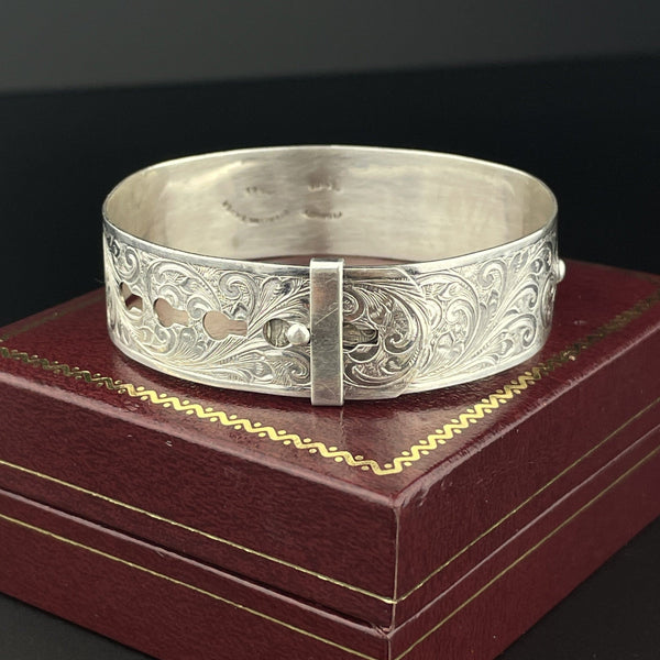 Vintage Sterling Silver Engraved Buckle Bangle Bracelet - Boylerpf