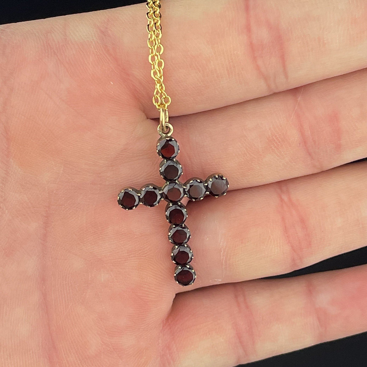 Antique Victorian Gold Flat Top Cut Garnet Cross Pendant Necklace