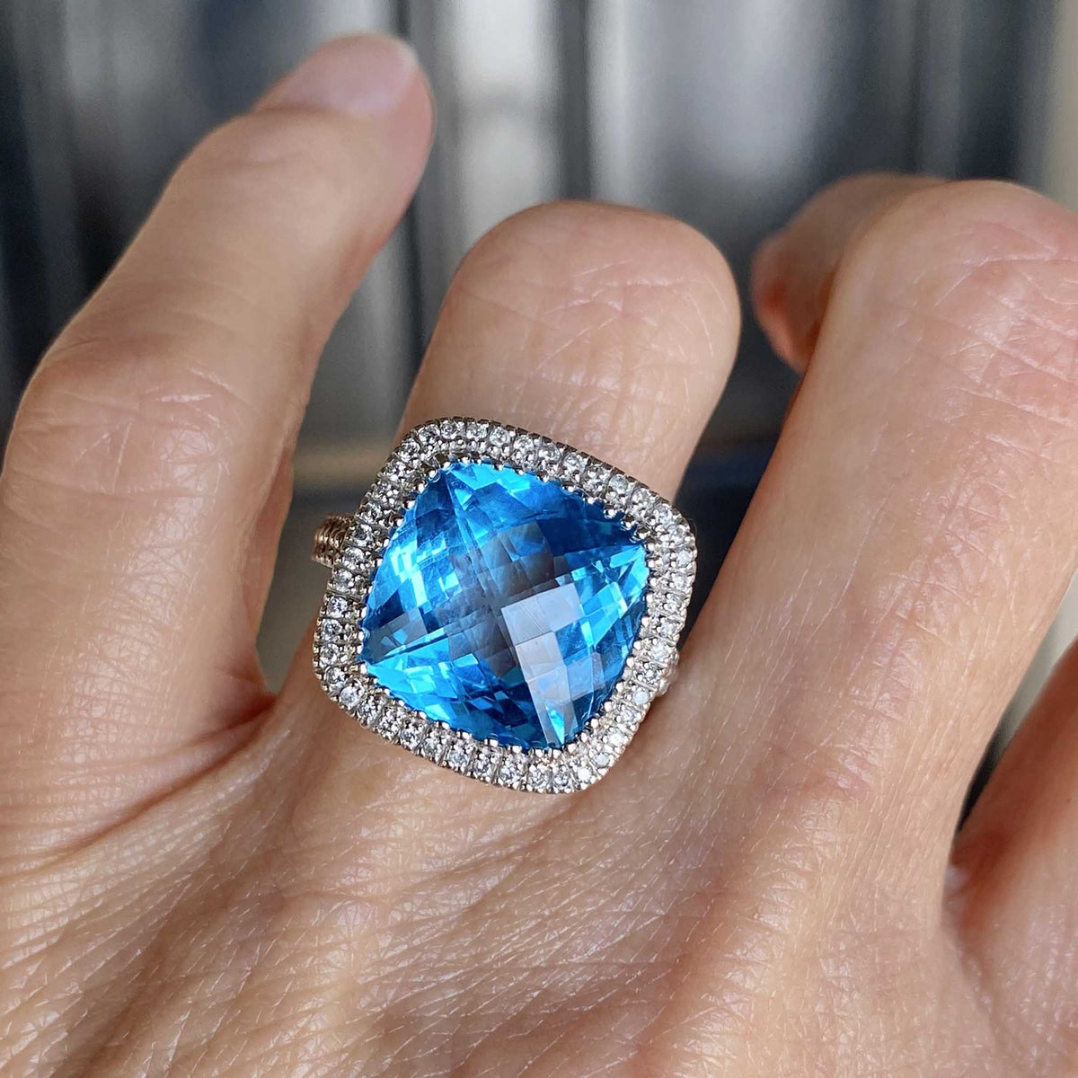 Swiss Blue Topaz Checkerboard Cushion Cut Ring Sapphire Halo