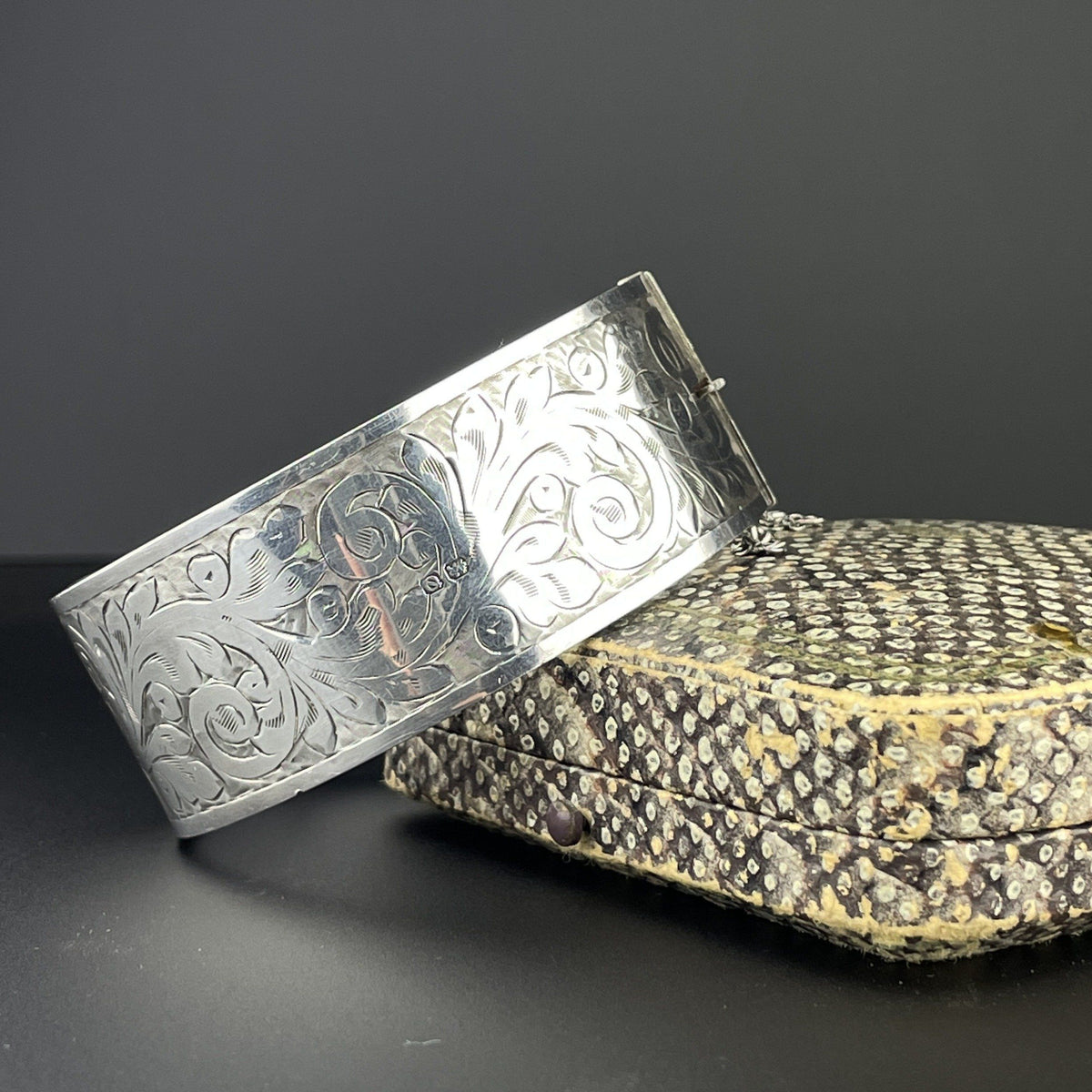 Victorian Engraved Silver Wide Cuff Bangle Bracelet – Boylerpf display picture 1