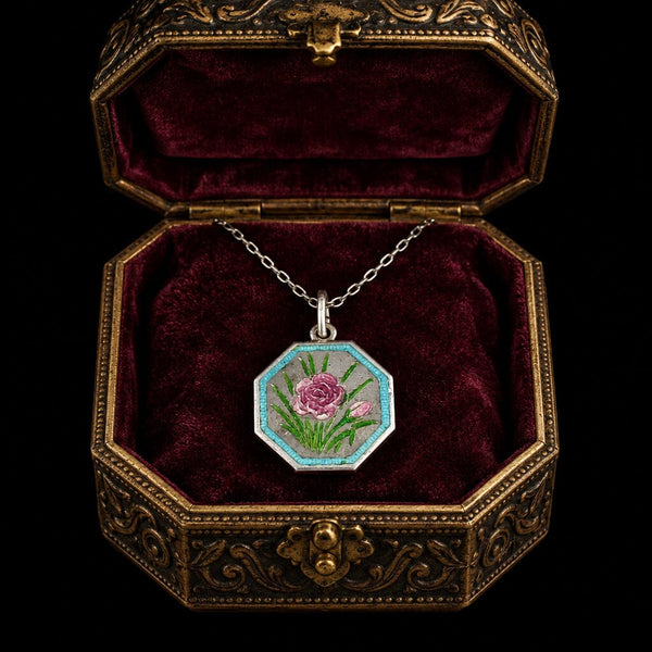 Antique Sterling Silver Enamel Flower Thomas L Mott Necklace