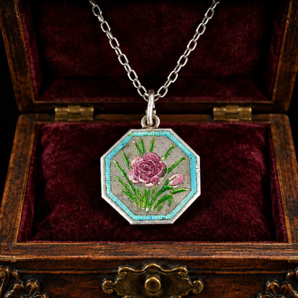 Antique Sterling Silver Enamel Flower Thomas L Mott Necklace