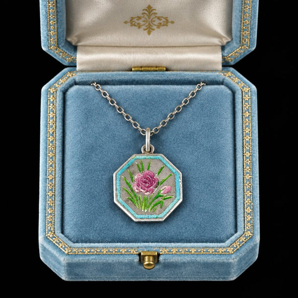 Antique Sterling Silver Enamel Flower Thomas L Mott Necklace