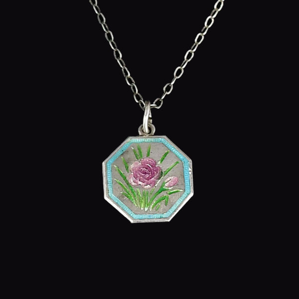 Antique Sterling Silver Enamel Flower Thomas L Mott Necklace