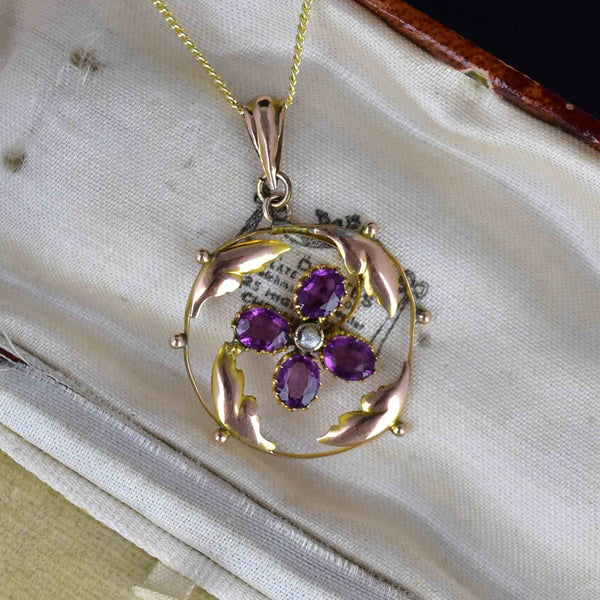 Art Nouveau Gold Amethyst Seed Pearl Floral Lavaliere Necklace - Boylerpf