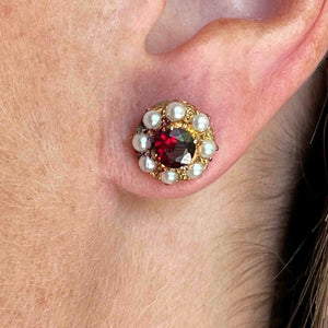 Vintage 10K Gold Garnet Pearl Stud Earrings - Boylerpf