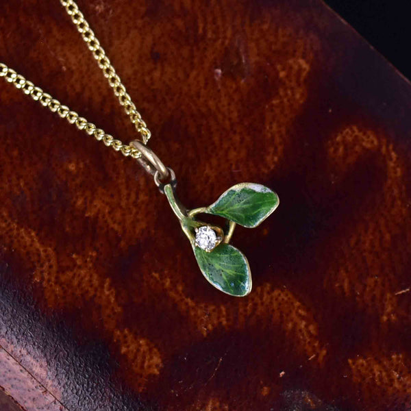 14K Gold Diamond Green Enamel Mistletoe Leaf Pendant Necklace - Boylerpf