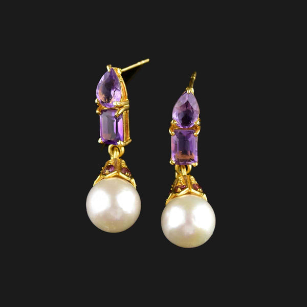 Vintage Amethyst Pearl Stud Drop Earrings - Boylerpf