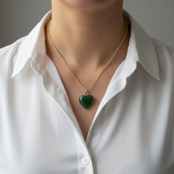Vintage Carved Nephrite Jade Heart Charm Necklace - Boylerpf