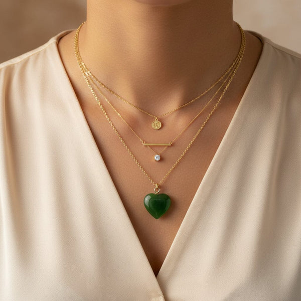 Vintage Carved Nephrite Jade Heart Charm Necklace - Boylerpf