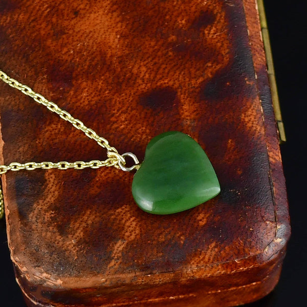 Vintage Carved Nephrite Jade Heart Charm Necklace - Boylerpf