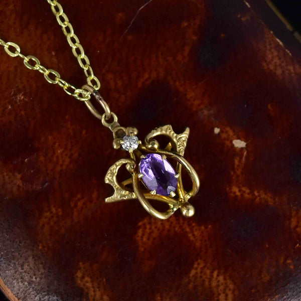 Antique Edwardian 14K Gold Diamond Amethyst Pendant Necklace - Boylerpf