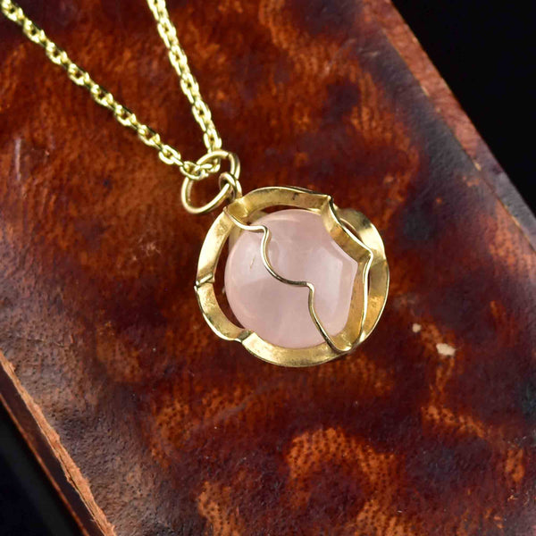 Vintage 9K Gold Rose Quartz Ball Pendant Necklace - Boylerpf