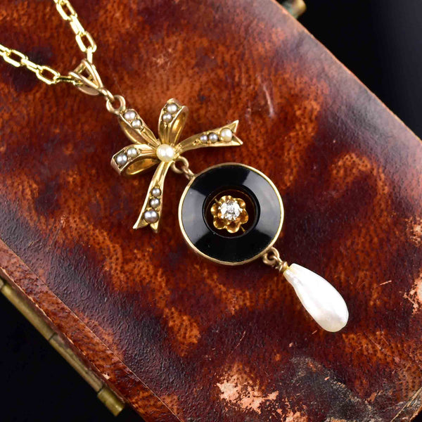 Art Deco 10K Gold Diamond Onyx Pearl Pendant Necklace - Boylerpf