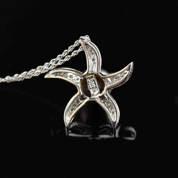 Vintage 14K White Gold Black Pearl Diamond Starfish Necklace - Boylerpf