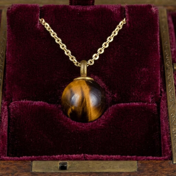 Vintage Tigers Eye Gold Orb Pendant Necklace