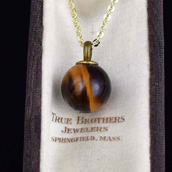 Vintage Tigers Eye Gold Orb Pendant Necklace