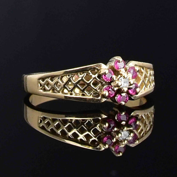 Vintage 10K Gold Basket Diamond Ruby Flower Cluster Ring - Boylerpf